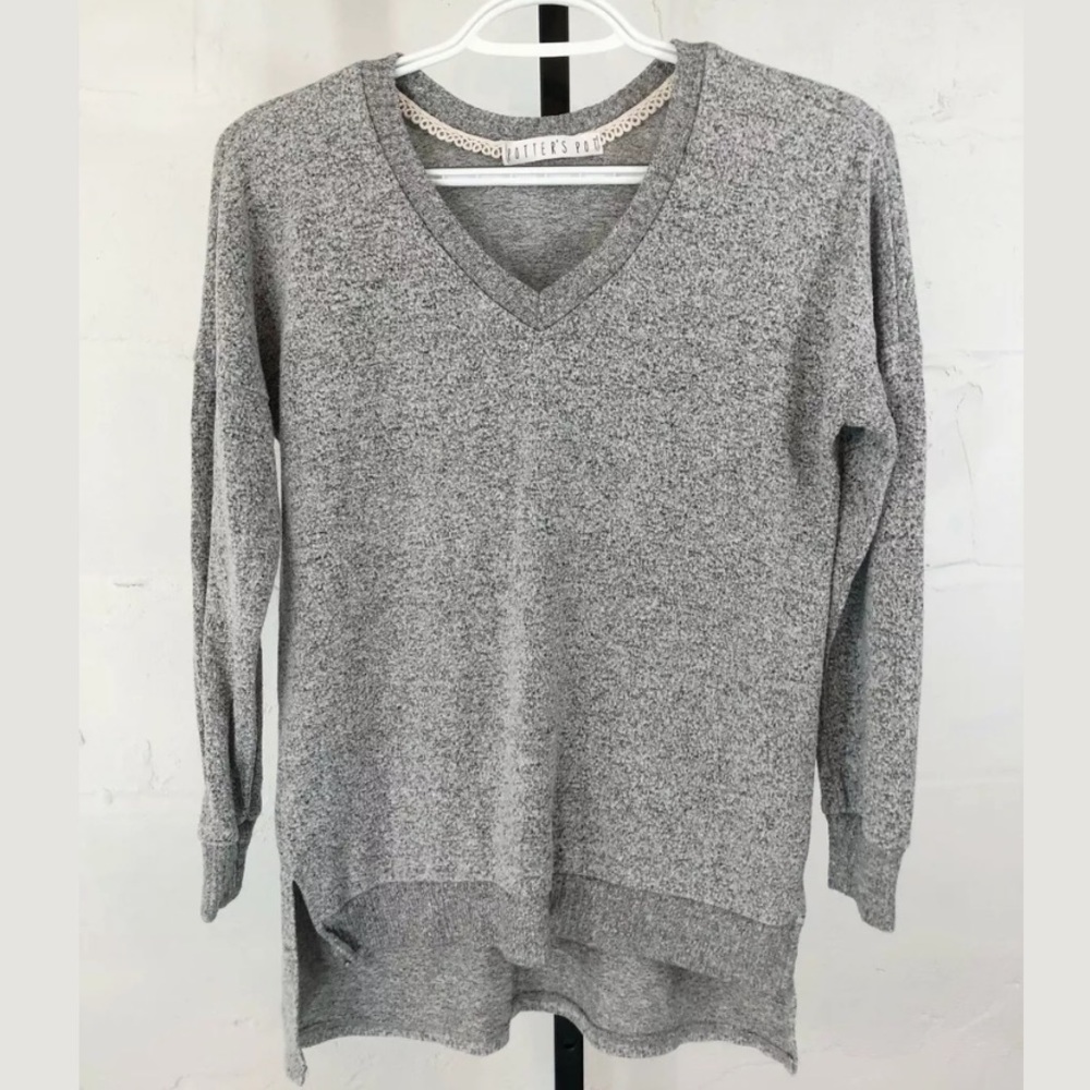Potters Pot Hi Lo Sweater Top Gray Long Sleeve